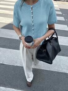Round Neck Solid Color Pearl Button Short Sleeve Casual Versatile Knit Cardigan, Loose Fit, Suitable For Daily Wear Spring - Pastel Blue - View 2