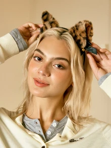 Hatastic 1pc Leopard Print Halloween Fox Ear Cute Party Polyester Fiber Headband, Animal Ear COS Headpiece, Halloween - Brown - View 4