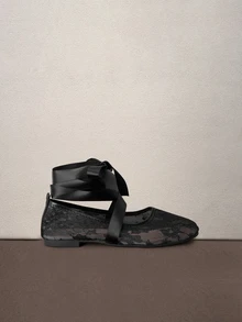 Hatastic Bowknot Bowknot Summer New Women Flat Shoes, Comfortable Breathable Lace Mesh Flat Shoes, Fashionable Casual Gentle Elegant Ballet Shoes Halloween - Black - View 3