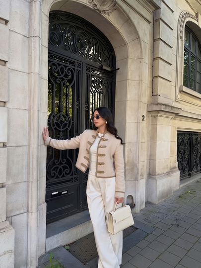 Women's Minimalist Versatile Padded Shoulder Tie Knot Jacket, Vintage Frog Button Cropped Coat