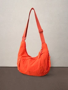 Hatastic Fashionable Solid Color Nylon Waterproof Shoulder Bag, Casual Minimalist College Style, Wide Strap Crossbody Bag With Multiple Zipper Design Halloween - Orange - View 2