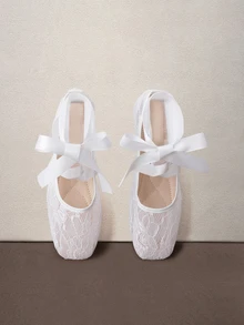 Hatastic Bow-Tie Bowknot Summer New Women's Flat Shoes, Comfortable Breathable Lace Mesh Flat Shoes, Fashionable Casual Gentle Elegant Ballet Shoes - White - View 1
