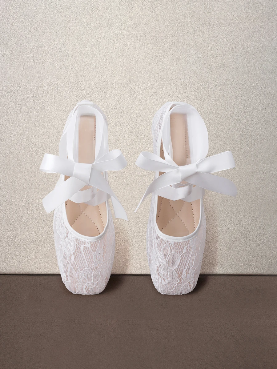 Hatastic Bow-Tie Bowknot Summer New Women's Flat Shoes, Comfortable Breathable Lace Mesh Flat Shoes, Fashionable Casual Gentle Elegant Ballet Shoes - White - View 1