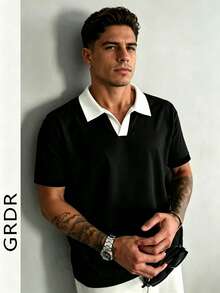GRDR Men's Summer Short Sleeve Contrast Color Polo Shirt - Black - View 2