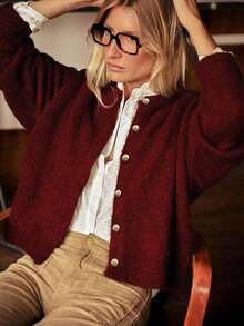 Women's Solid Color Round Neck Single Row Metal Button Ribbed Loose Casual Knit Cardigan - Burgundy - View 2