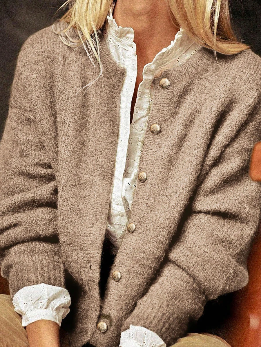 Women's Solid Color Round Neck Single Row Metal Button Ribbed Long Sleeve Loose Casual Cardigan - Khaki - View 1