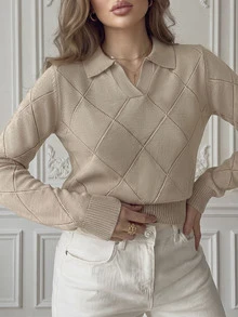 Women's Autumn/Winter Commute Office Workplace Outfit, Ribbed Hem Elegant Social Autumn Sweater - Khaki - View 4