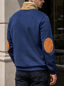 Men's Navy Blue 1/4 Zip Fleece Sweatshirt, Contrast Color Fleece Collar, Brown Elbow Patches, Long Sleeve Casual Pullover - Navy Blue - View 2