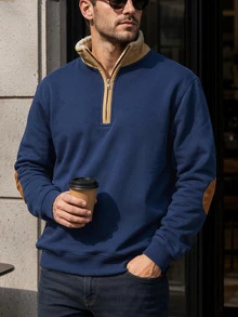 Men's Navy Blue 1/4 Zip Fleece Sweatshirt, Contrast Color Fleece Collar, Brown Elbow Patches, Long Sleeve Casual Pullover - Navy Blue - View 1