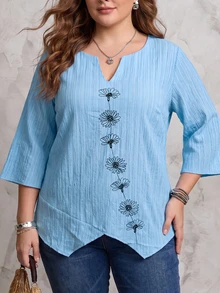 Minimalist Embroidered Plus Size Women Shirt Spring Vacation - Baby Blue - View 1