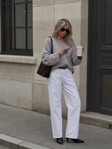 FOR BEAUTY Fall Winter Women Knit Tops Y2K Chic Grey V Neck Loose Pullover Sweaters Basic Business Casual Office Workwear Going Out Outfits - Light Gray - View 7