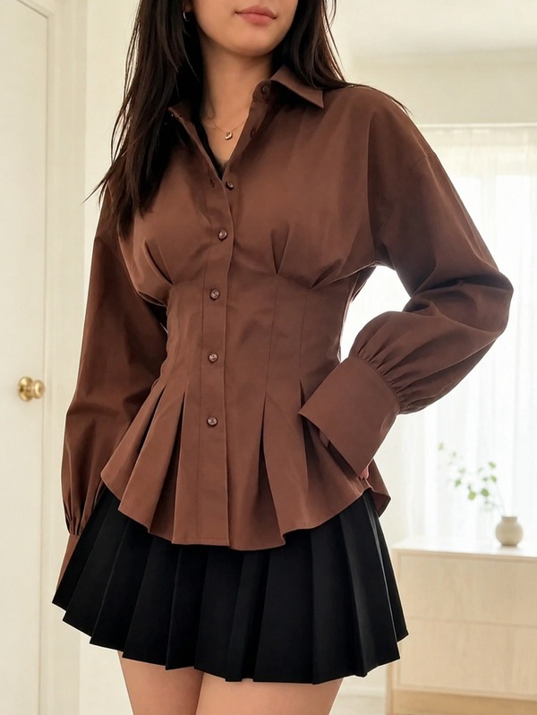Women's Elegant Brown Pleated Blouse, Shirt Collar, Long Sleeve, Essential Exquisite Polyester Top For Autumn