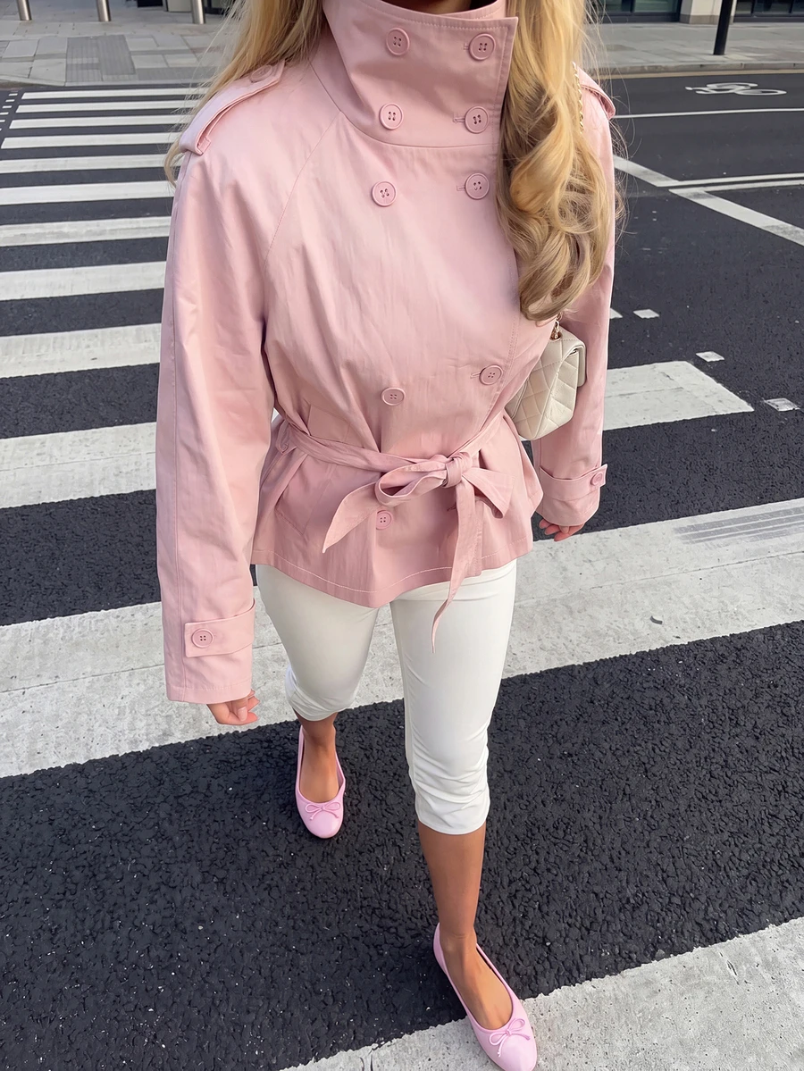 Women's Autumn Coat, Versatile And Adjustable Belt Trench Coat - Pink - View 1
