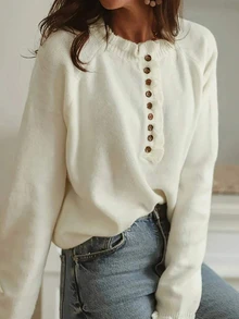 Women's Plus Size Casual Versatile Solid Color Half Button-Down Sweater Loose Pullover Autumn Winter Elegant Valentine For Women Fall - Apricot - View 1