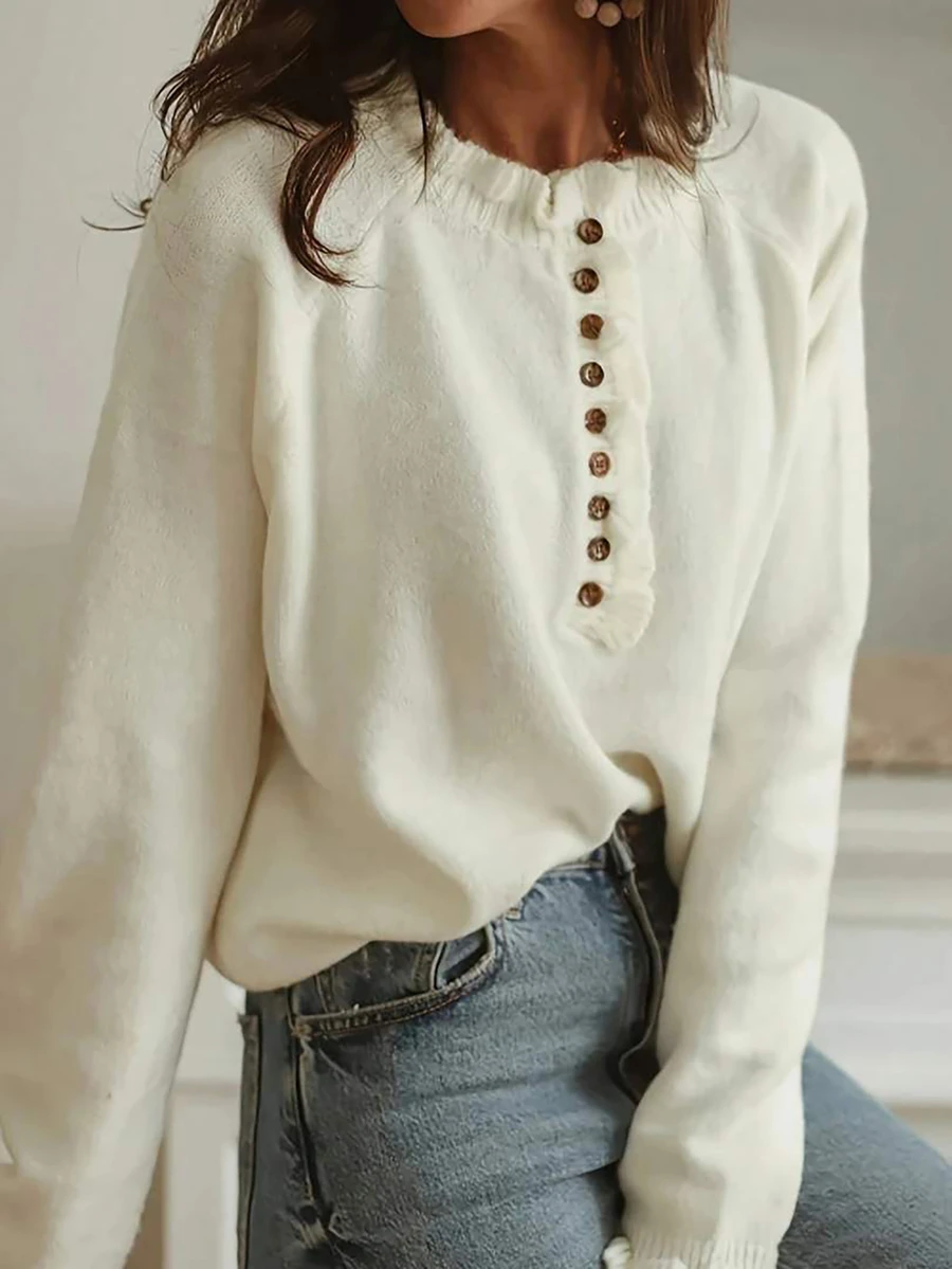 Women's Plus Size Casual Versatile Solid Color Half Button-Down Sweater Loose Pullover Autumn Winter Elegant Valentine For Women Fall - Apricot - View 1