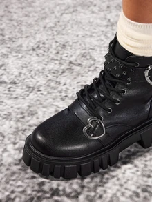 DareSee Fall/Winter 2025 Wear With Shorts,Buckle & Studded Decor Lace-Up Front Zipper Side Combat Boots Halloween - Black - View 3