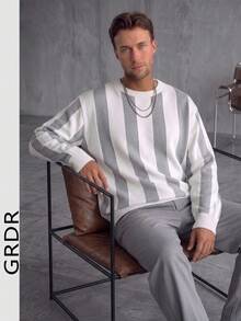 GRDR 1pc Men's Autumn/Winter Casual Colorblock Knit Sweater - White - View 3