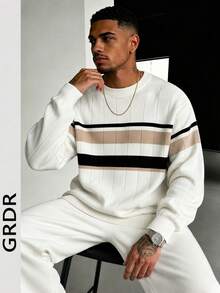 GRDR 1pc Men's Casual Striped Knit Top, Autumn/Winter - Apricot - View 1