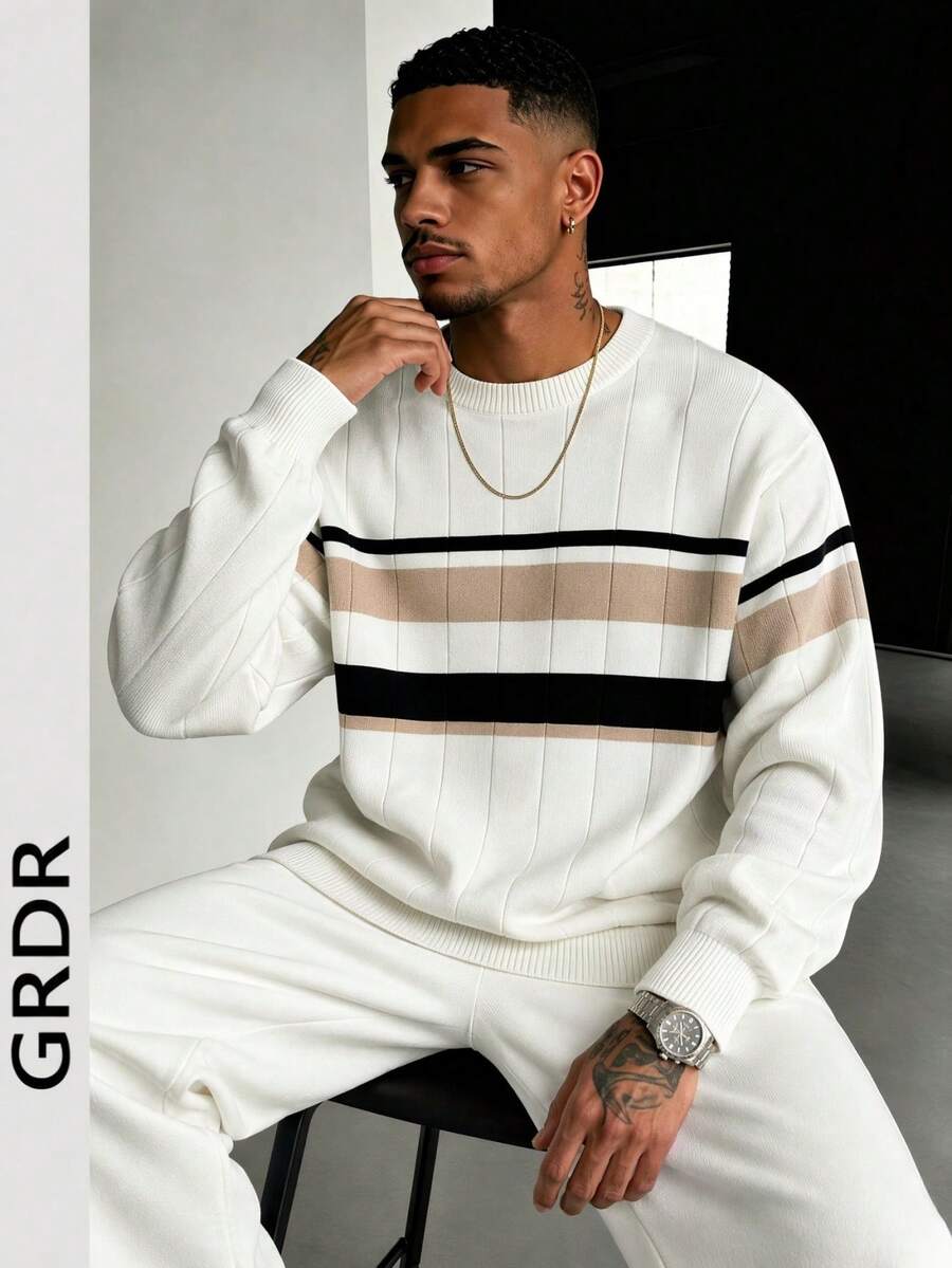 GRDR 1pc Men's Casual Striped Knit Top, Autumn/Winter - Apricot - View 1