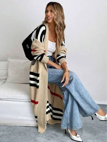 Plus Size Women Striped Drop Shoulder Long Sleeve Casual Loose Knit Cardigan, Autumn - Khaki - View 1