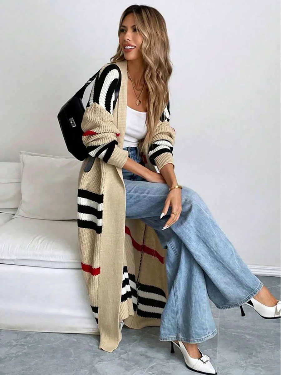 Plus Size Women Striped Drop Shoulder Long Sleeve Casual Loose Knit Cardigan, Autumn - Khaki - View 1