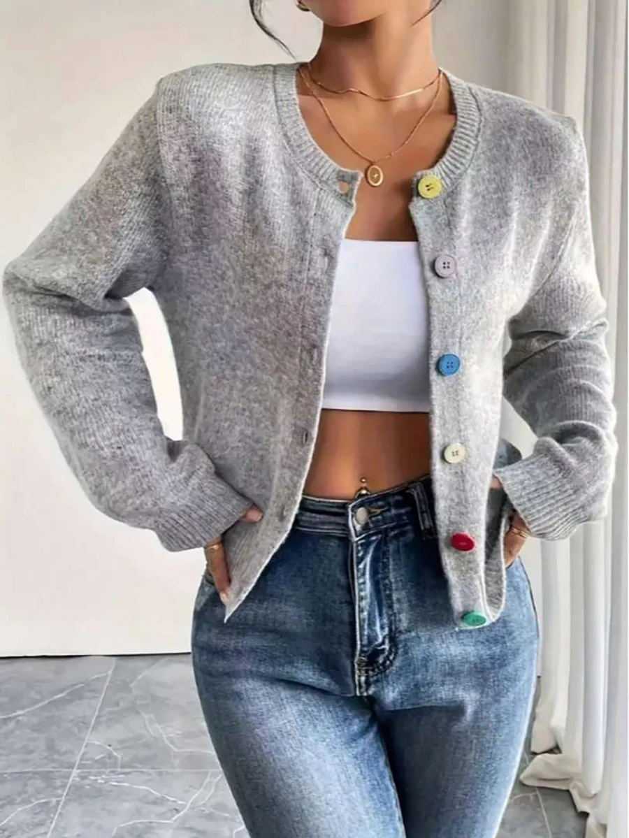 Cardigan Wanita Ukuran Plus Warna Polos Kancing Tunggal Kasual Serbaguna untuk Sehari-hari Lengan Panjang - Light Grey - View 1