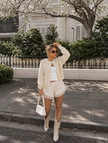 Cardigan Wanita Musim Gugur Musim Dingin Y2K Krem Beige Lembut Berbulu Rajut Lengan Panjang Kancing Depan Leher Bulat Atasan Cardigan Sweater Pakaian Kasual Sehari-hari - krem - View 7