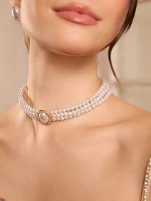 Etoivie 4pcs/Set Multi-Layer Faux Pearl Fashion Jewelry Set Including Necklace, Bracelet, Earrings, And Ring For Wedding, Formal Occasions - White - View 3