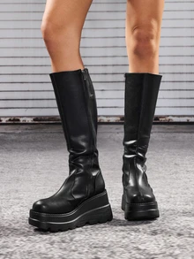DareSee Fall/Winter Women's Fashion Punk Style Thick Sole Versatile Outdoor Anti-Slip Mid-Calf Boots Halloween - Black - View 1