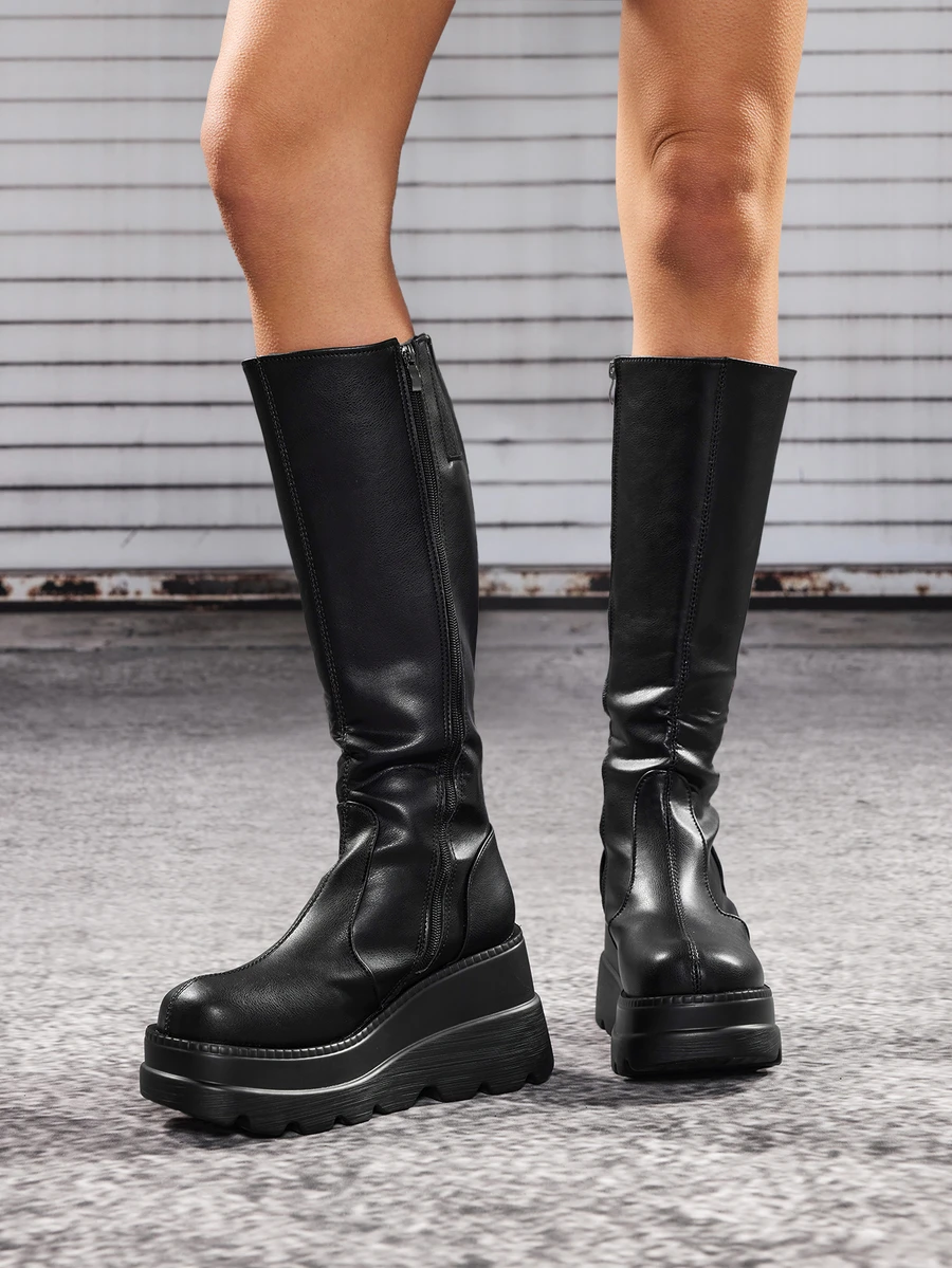 DareSee Fall/Winter Women's Fashion Punk Style Thick Sole Versatile Outdoor Anti-Slip Mid-Calf Boots Halloween - Black - View 1