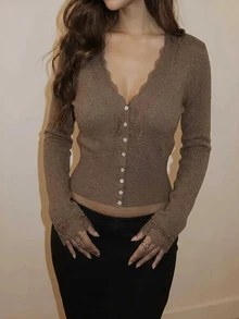 Autumn/Winter Sexy Fashion Brown Slim Fit V-Neck Lace Trim Long Sleeve Cropped Sweater, Suitable For Daily Warm Wear Fall - Brown - View 1