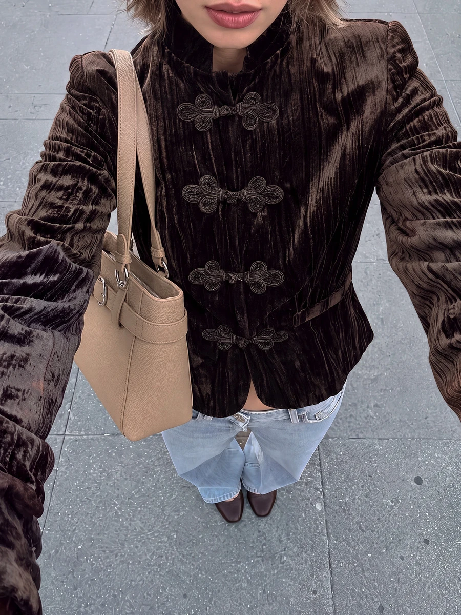 女款秋季優雅休閒深棕色天鵝絨長袖立領短版夾克,適合外出度假 - 棕色 - 查看 1