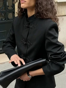 Fashionable Women's Black Stand Collar Jacket, New Chinese Style Frog Button Design, Elegant Commute Outfit For Autumn/Winter - Black - View 1