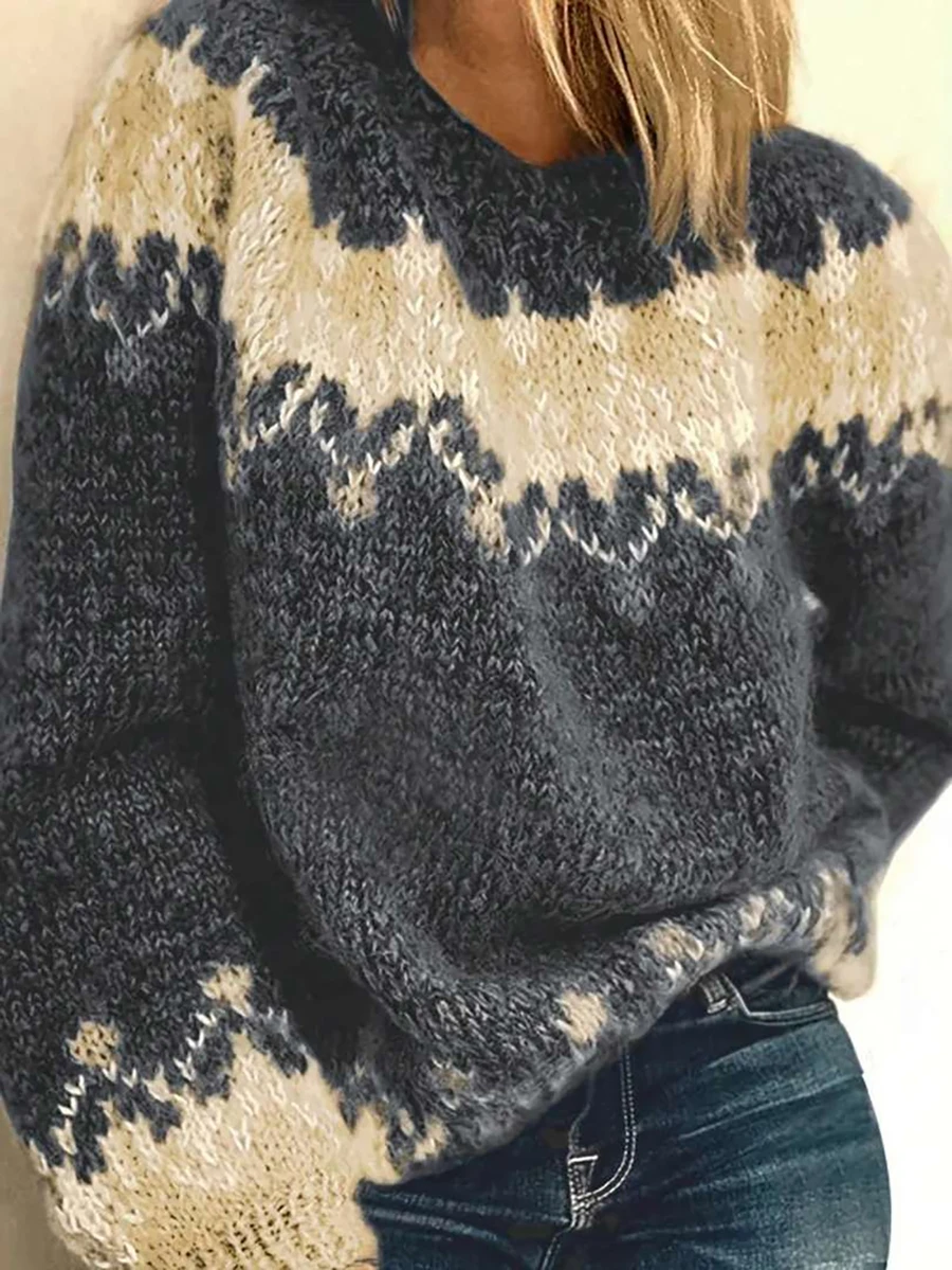 Plus Size Women's Color Block Round Neck Long Sleeve Casual Loose Sweater - Dark Grey - View 1