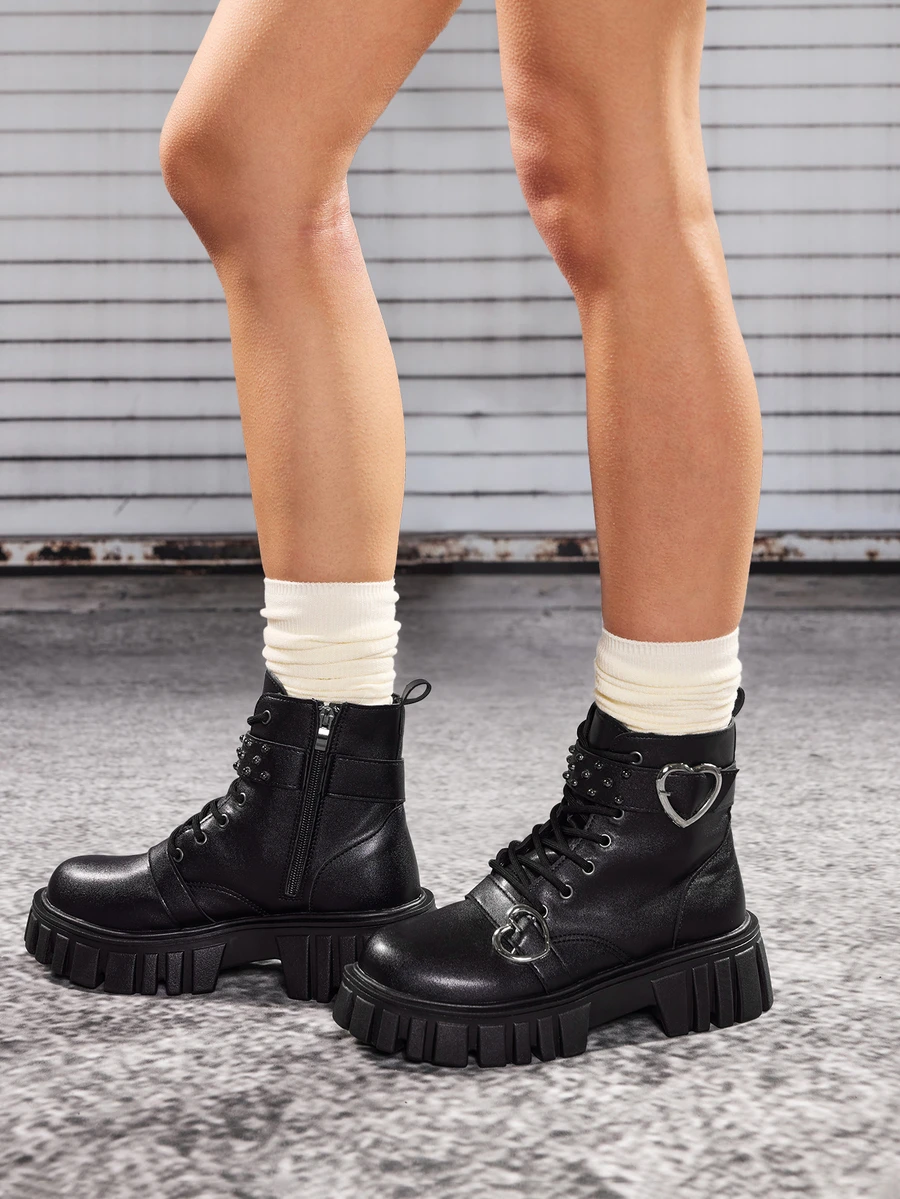 DareSee Fall/Winter 2025 Wear With Shorts,Buckle & Studded Decor Lace-Up Front Zipper Side Combat Boots Halloween - Black - View 1