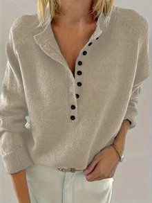 Plus Size Women's Elegant Pullover Sweater|Round Neck Design, Color Button Half Placket Raglan Long Sleeve, Smooth Touch|Suitable For Spring, Autumn And Winter|Fashionable And Versatile Casual Style - Apricot - View 7