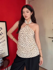 優雅女款夏季出遊復古波點印花金屬扣細肩帶背心上衣休閒海灘風白色服飾 - 白色 - 查看 2