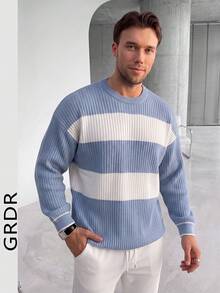 GRDR 1pc Men's Autumn/Winter Casual Colorblock Knit Top - Dusty Blue - View 5