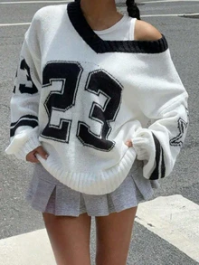 Plus Size Women's V-Neck Digital Print Dropped Shoulder Lantern Long Sleeve Casual Loose Pullover Sweater For Autumn And Winter - White - View 1