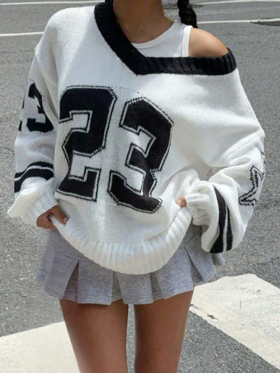 Plus Size Women's V-Neck Digital Print Dropped Shoulder Lantern Long Sleeve Casual Loose Pullover Sweater For Autumn And Winter - White - View 1