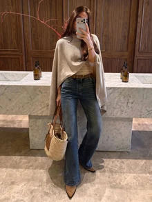FOR BEAUTY Women's Y2K Comfortable Oatmeal Beige Round Neck Asymmetric Draped Knit Shawl Cape Sweater Top, Aesthetic Street Style Outfit Fall - Apricot - View 4