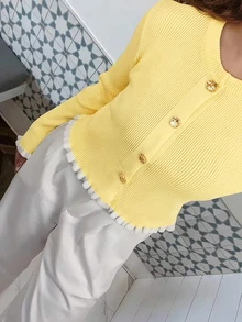 Fall Clothes For Women Casual Color Block Crew Neck With Gold Buttons Ruffle Trim Long Sleeve Knit Cardigan Yellow - Yellow - View 3