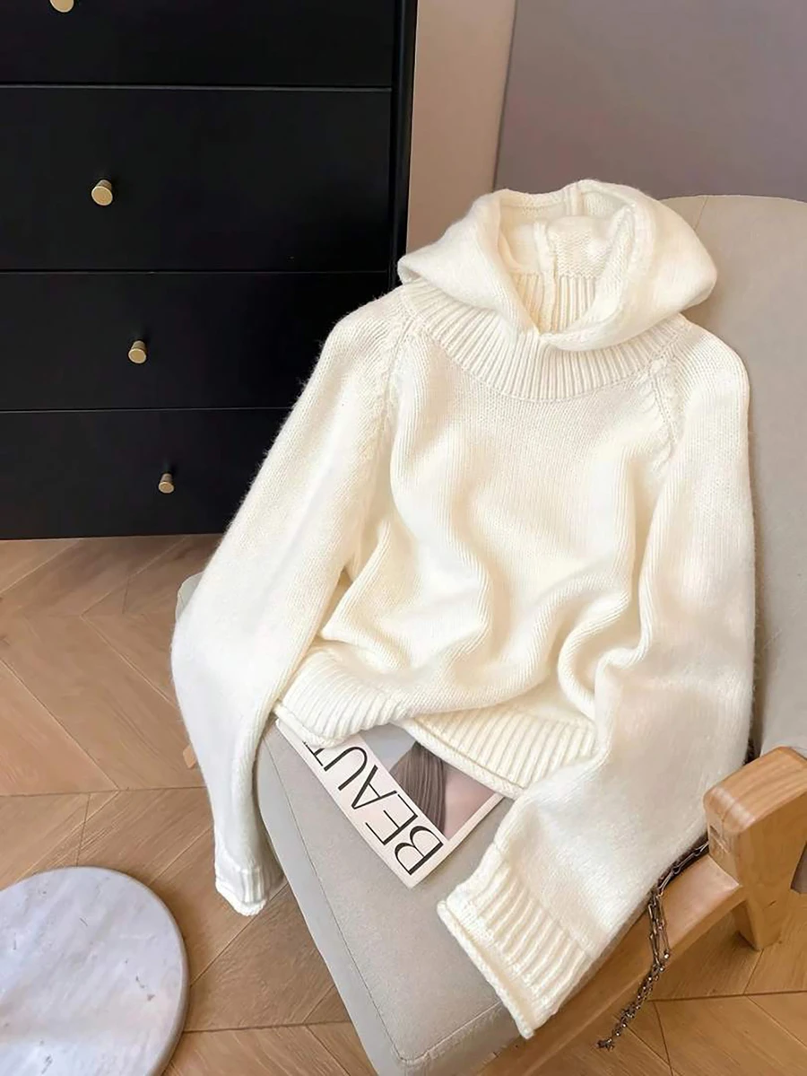 Casual Fashionable Fall Clothes For Women Ribbed Loose Fit Hooded Solid Color Long Sleeve Knitted Sweater Pullover - White - View 1