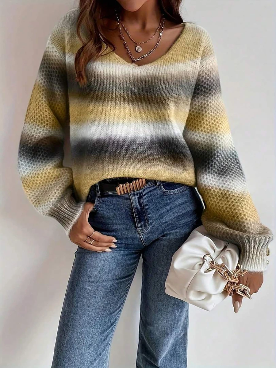 Plus Size Women's Gradient V-Neck Long Sleeve Loose Casual Sweater