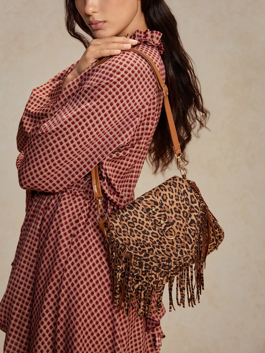 Tropiscape 2026 Fringe Retro Leopard Print Crossbody Bag - Brown - View 1