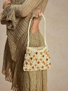 Tropiscape 1pc New Fashionable Tote Shoulder Woven Hollow Beach Vacation Bag, Suitable For Party, Banquet, Daily Commute, Purse, Travel, Lightweight, Essential - Multicolor - View 3