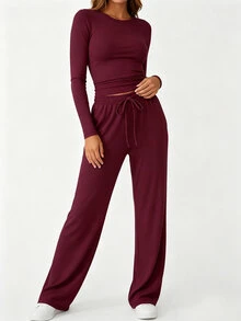 Conjunto de ropa de estar en casa de moda casual deportiva de yoga para mujer, estilo europeo & americano, color liso, cuello redondo, manga larga, otoño/invierno 2026 - Rojo - Ver 2