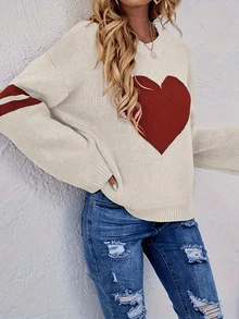 Plus Size Women's Heart Pattern Dropped Shoulder Long Sleeve Casual Sweater - Beige - View 9
