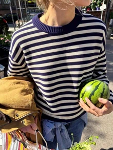 Casual Fall Clothes For Women Fashionable Crew Neck Color Block Striped Long Sleeve Knit Pullover - Royal Blue - View 2