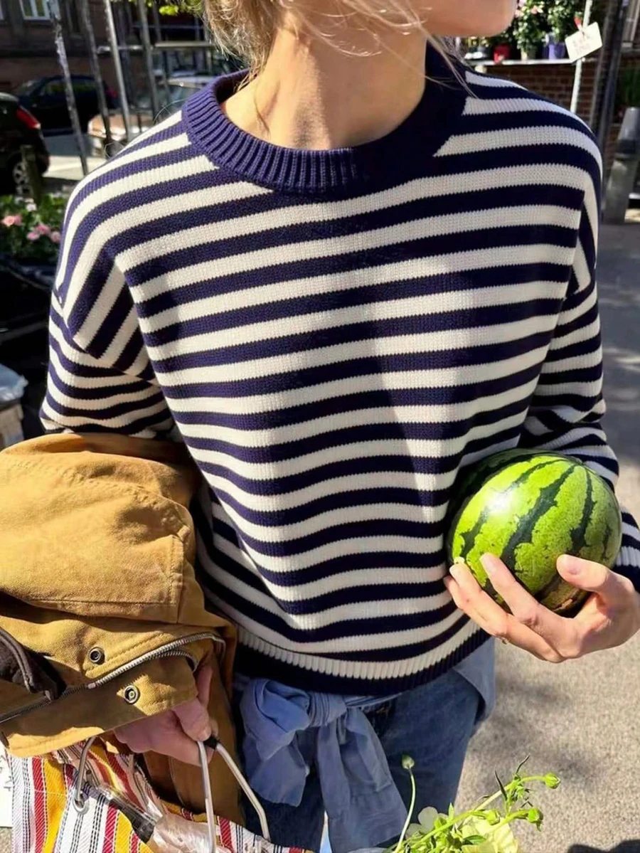 Casual Fall Clothes For Women Fashionable Crew Neck Color Block Striped Long Sleeve Knit Pullover